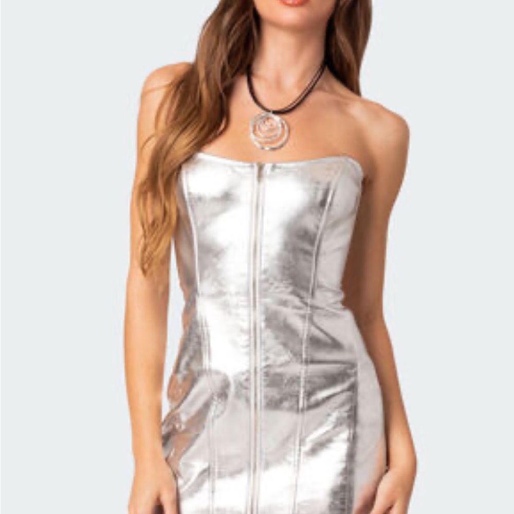 Edikted Metallic Silver Strapless Mini Dress